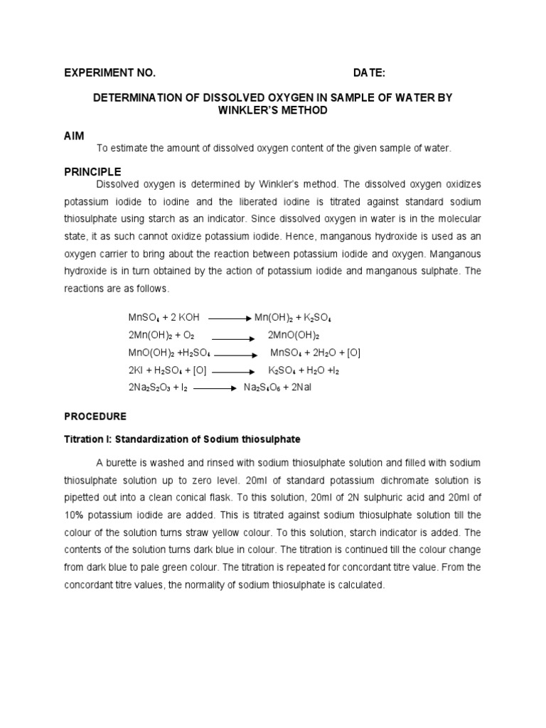 Experiment No. Date Determination of Dissolved Oxygen in Sample of