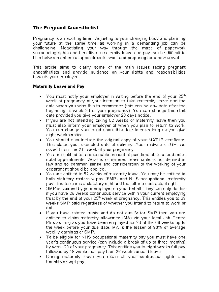 Maternity Rights for Pregnant Anaesthetists | PDF | Parental Leave ...