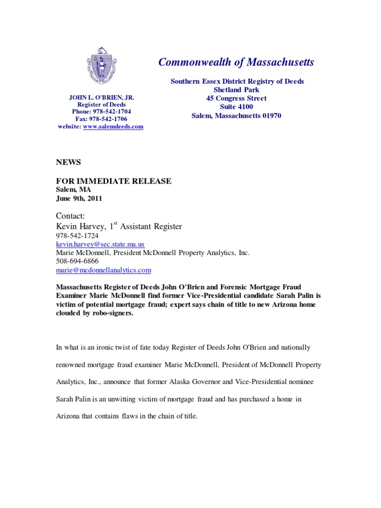 Massachusetts Register of Deeds John O'Brien and Forensic Mortgage