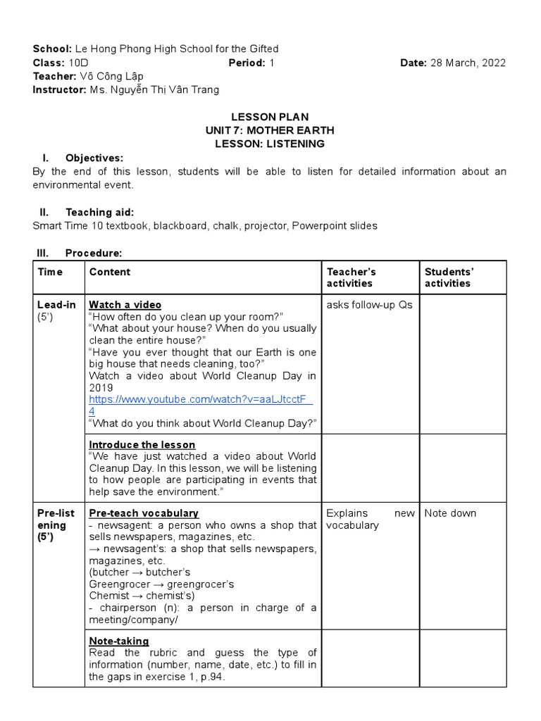 Lesson Plan - Unit 7c - Listening | PDF