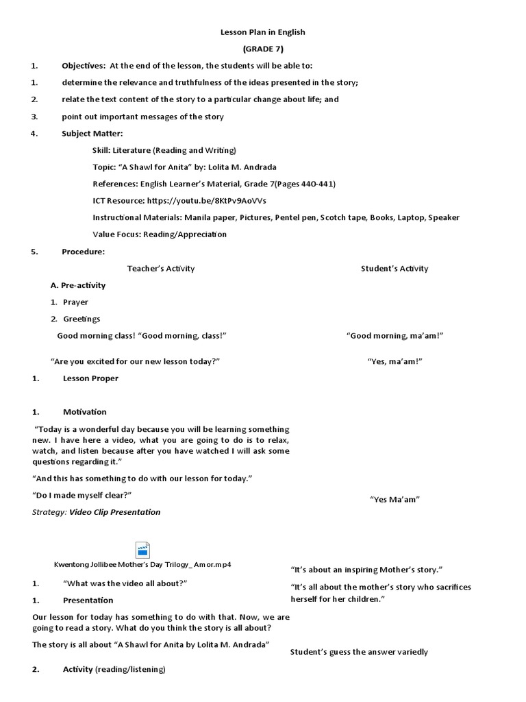 Lesson Plan in English 7 A Shawl For Anita PDF Lesson Plan