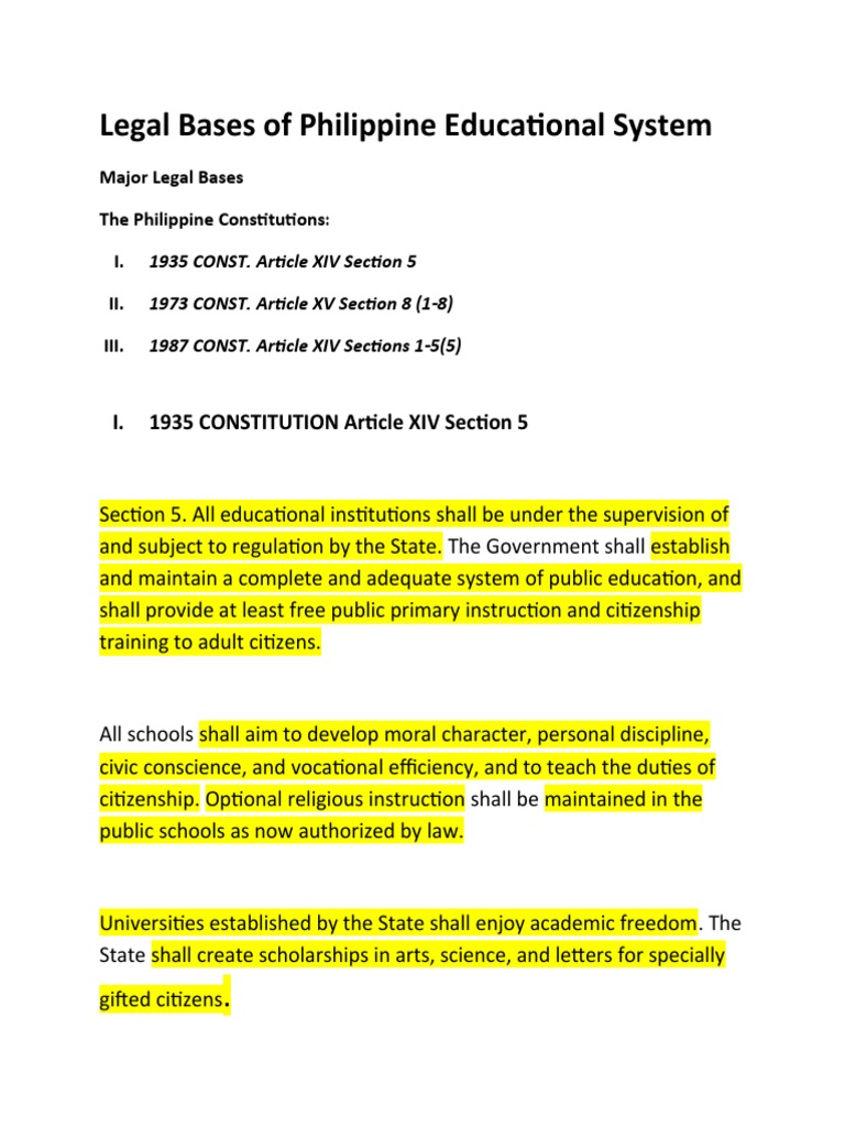 Legal Bases of Philippine Educational System Hand Out | PDF ...