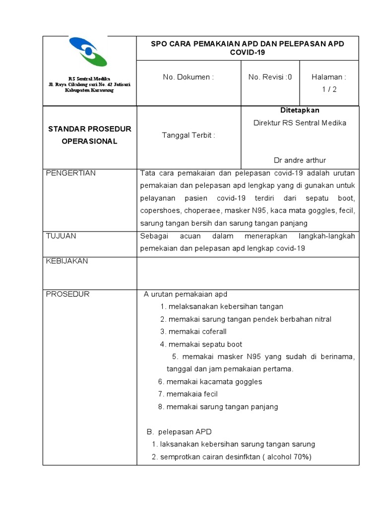 Spo Pemakaian Apd Dan Pelepasan Apd | PDF