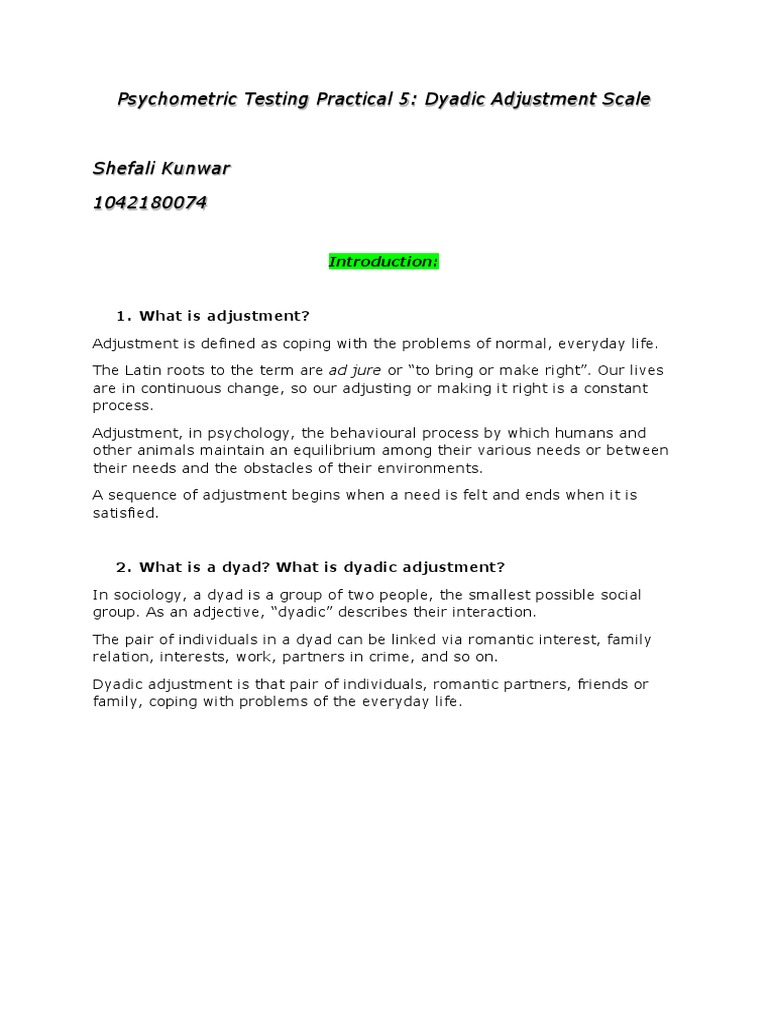 Dyadic Adjustment Scale Overview | PDF | Psychometrics | Psychological ...