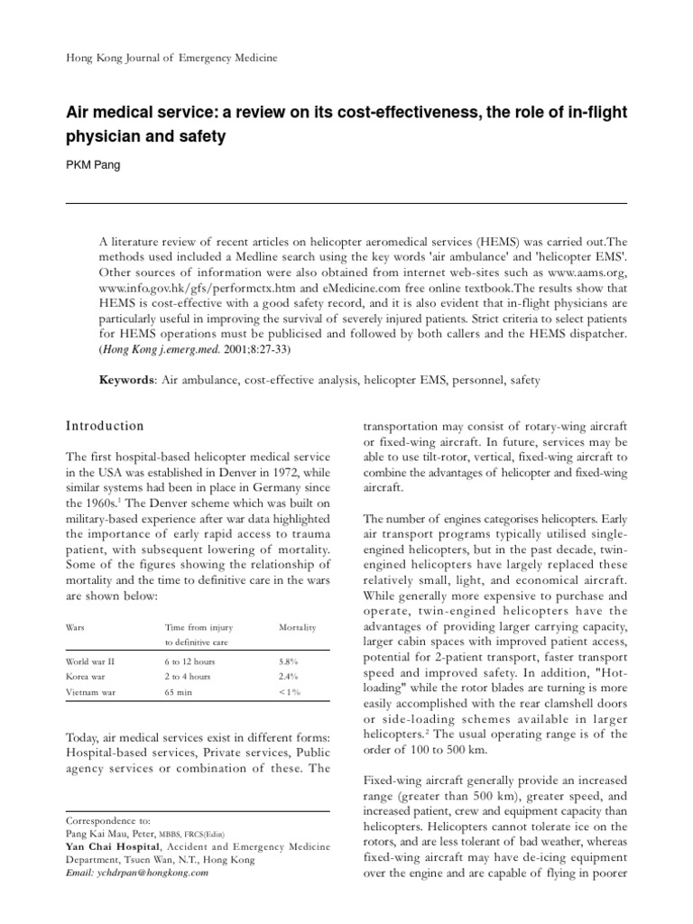 Air Medical Service A Review On Its CostEffectiveness, The Role of InFlight Physician and