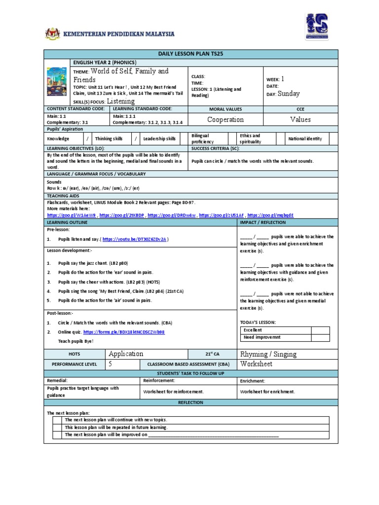 Bi Y2 LP Ts25 - Phonics Lesson Plan 2022 | PDF | Lesson Plan | Phonics