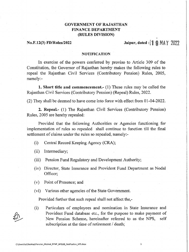 Government of Rajasthan Finance Department (Rules Division) No.F.12 (3