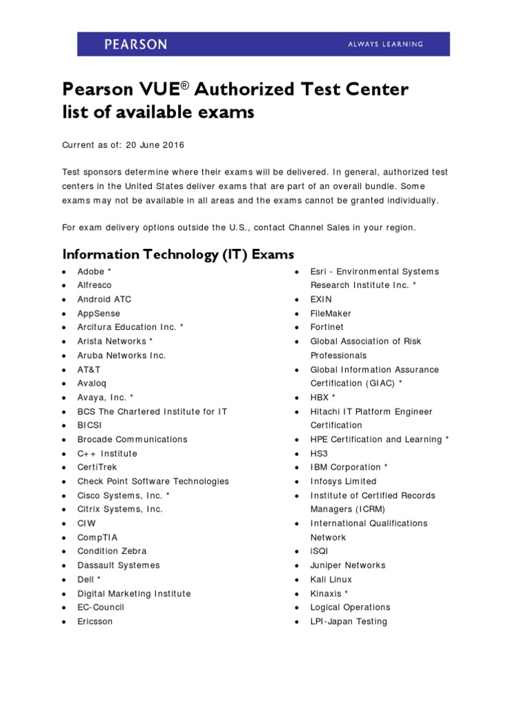 Pearson VUE Authorized Test Center List of Available Exams Information