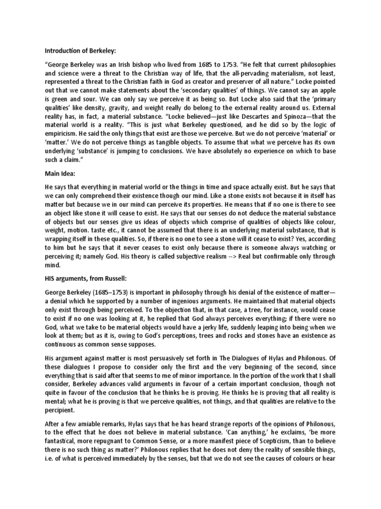 Berkeley's Idealism An Analysis of His Arguments Against the Existence of Matter PDF