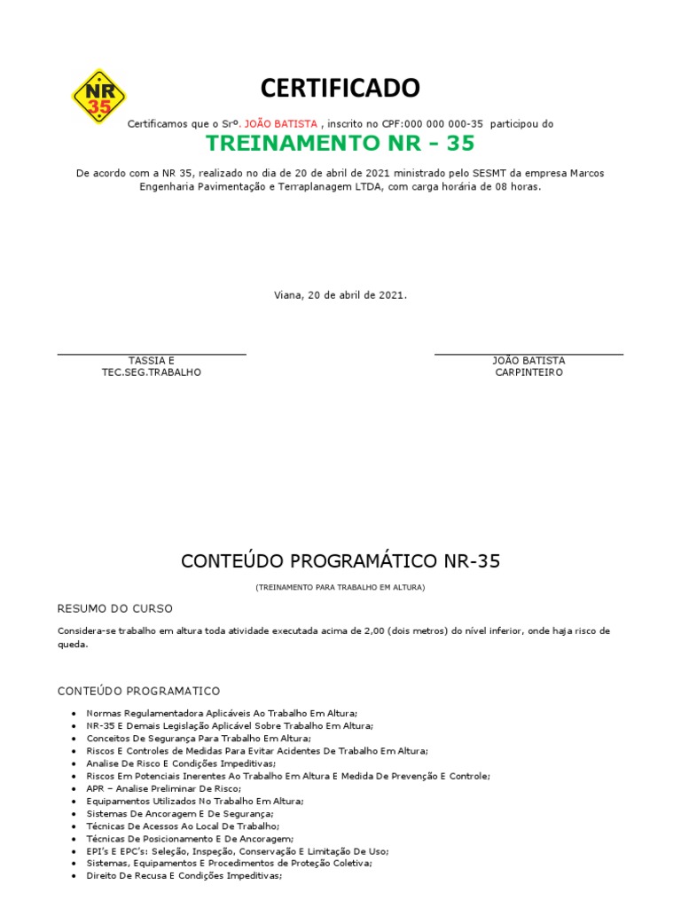 Certificado NR 35 | PDF