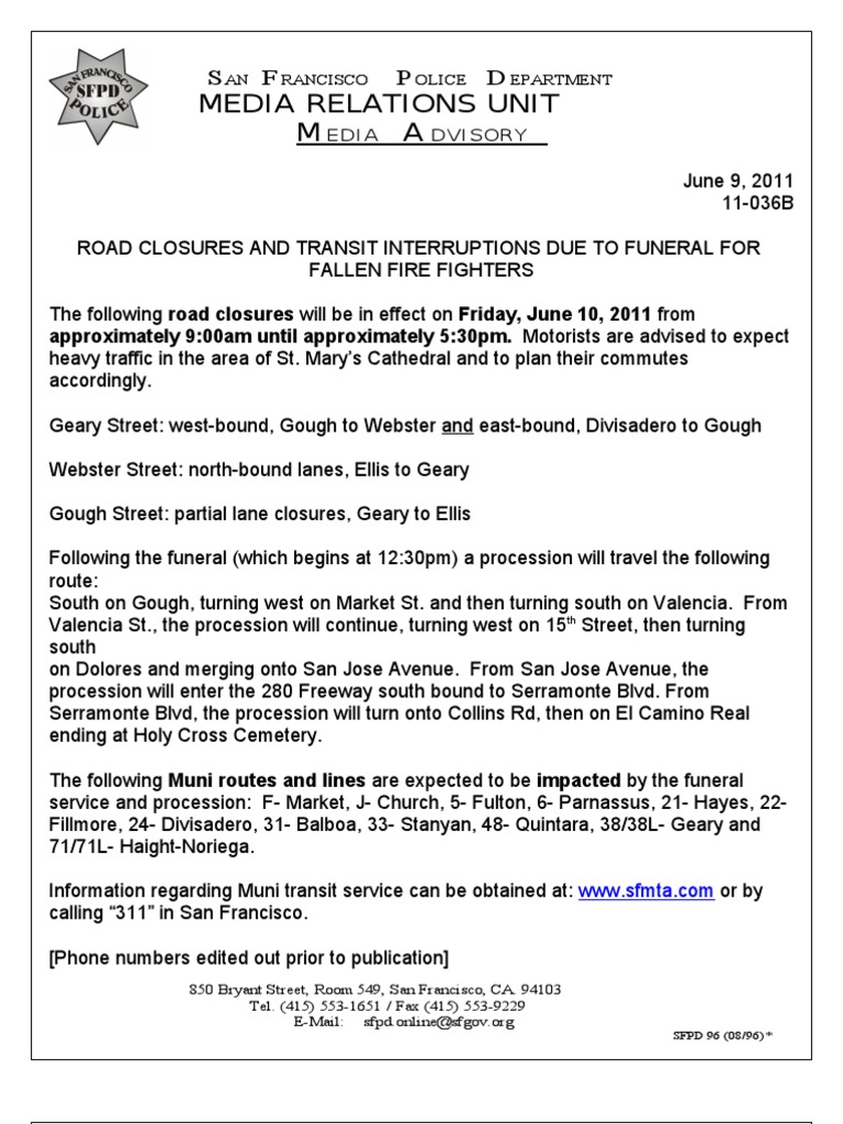 SF Road Closures for Firefighter Funeral | PDF