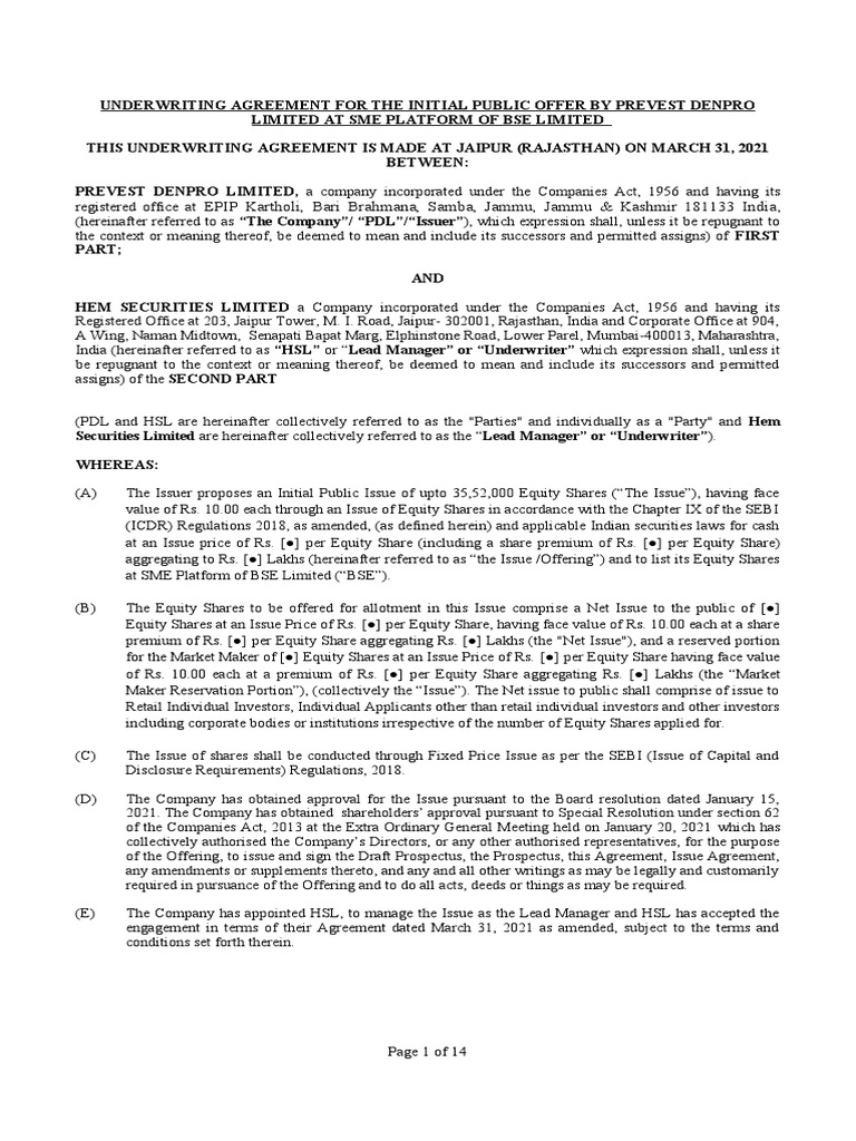 Underwriting Agreement for Prevest Denpro | PDF | Indemnity | Legal ...