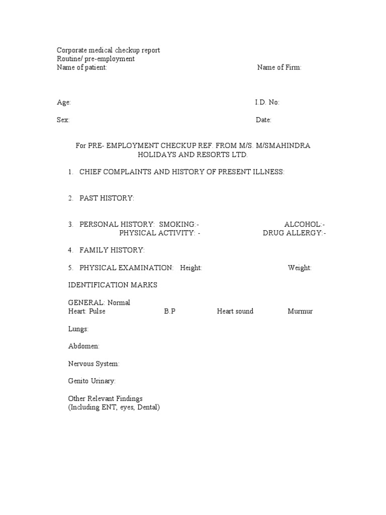 Medical Checkup Format