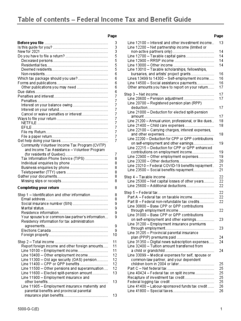 Table Of Contents Federal Income Tax And Benefit Guide PDF Income