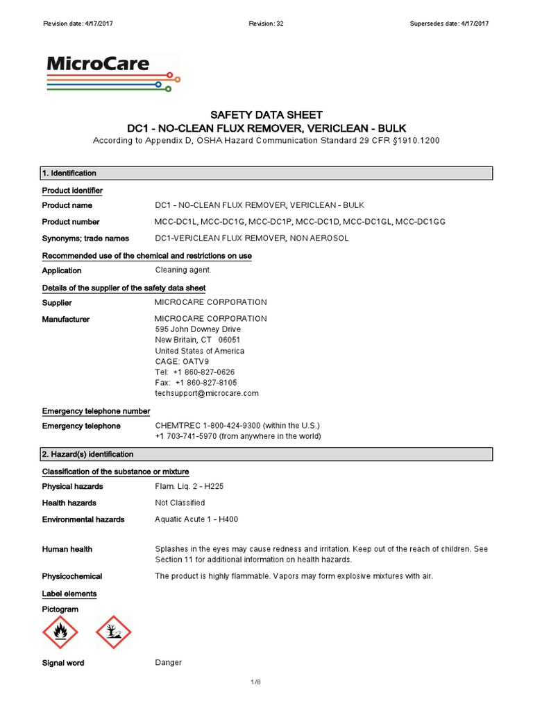 Safety Data Sheet Dc1 - No-Clean Flux Remover, Vericlean - Bulk | PDF ...
