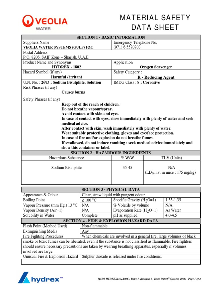 Material Safety Data Sheet Veolia Water Systems (Gulf) FZC PDF