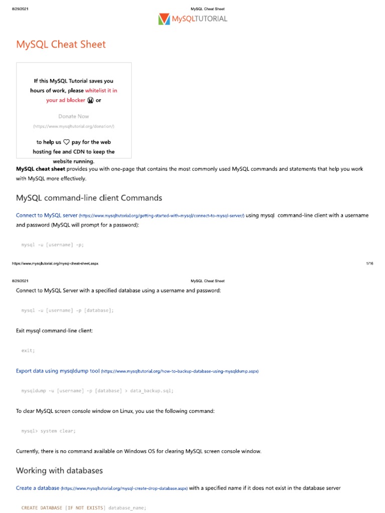 MySQL Cheat Sheet | PDF