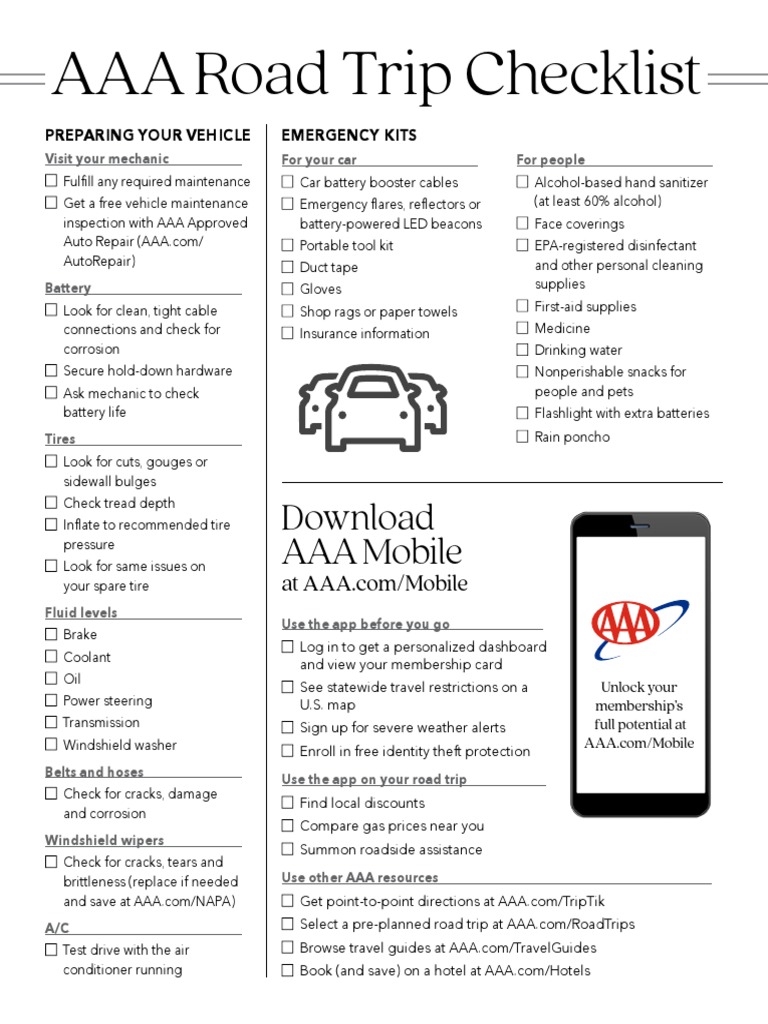 Road Trip Planner Checklist PDF American Automobile Association Tire