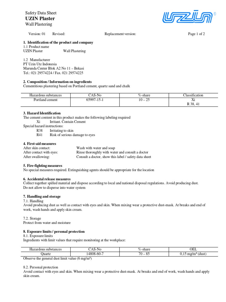 UZIN Plaster Safety Data Sheet Wall Plastering PDF Plaster Water