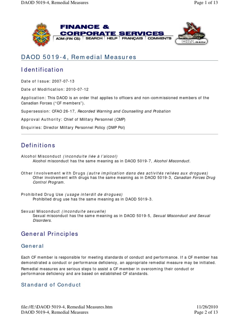 DAOD 5019-4: Remedial Measures Guide | PDF | Sergeant | Social Institutions