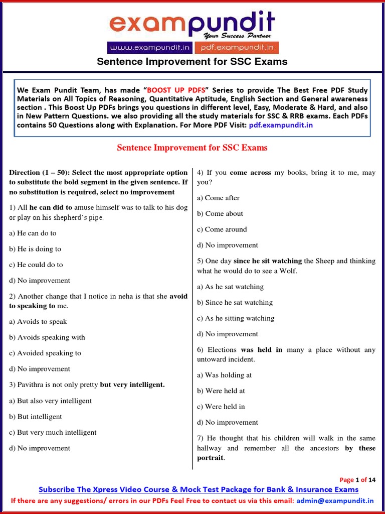 Sentence Improvement Questions PDF For SSC CHSL CGL Exams | PDF | Verb ...
