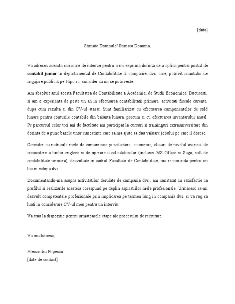 Model Scrisoare de Intentie Contabil Junior