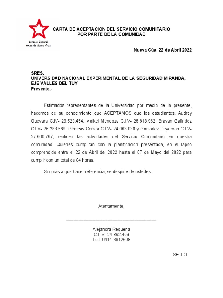 Carta de Aceptacion Del Servicio Comunitario PDF