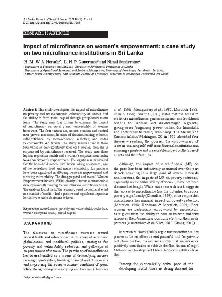 Impact of Microfinance On Women's Empowerment: A Case Study On Two ...