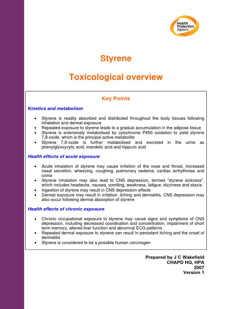 Styrene Toxicological Overview Key Points PDF Toxicity Mutagen