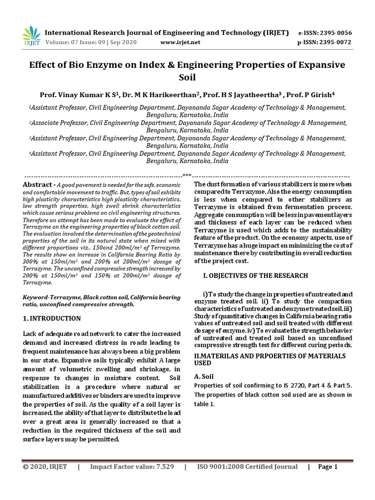 Effect of Bio Enzyme On Index & Engineering Properties of Expansive Soil PDF Clay Soil