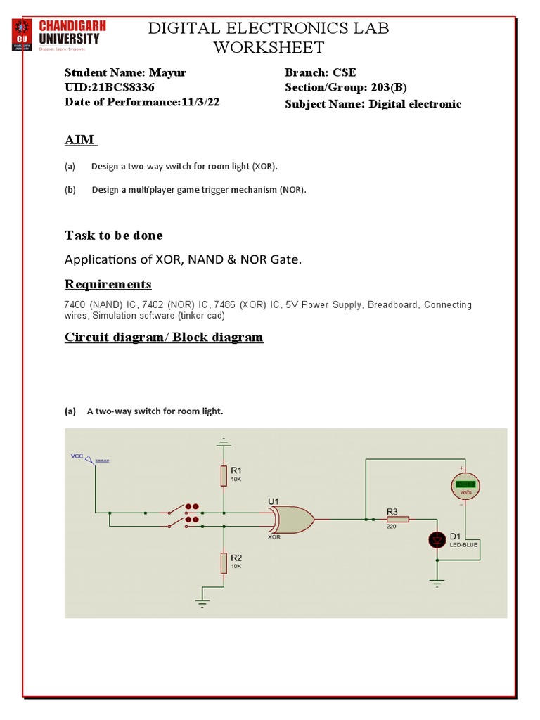 Digital Electronics Lab Worksheet Applications of XOR, NAND & NOR Gate