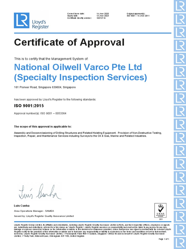 NOV Tuboscope Singapore SIS ISO 9001 2015 Cert Expires 06 2023 PDF