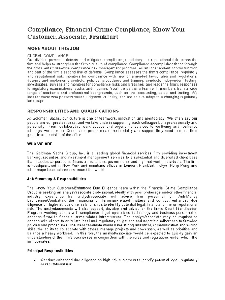 Goldman Sachs Comliance Job Description PDF Money Laundering Regulatory Compliance