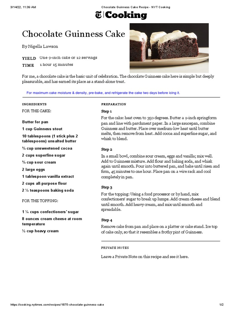 Chocolate Guinness Cake Recipe NYT Cooking PDF Cakes Chocolate