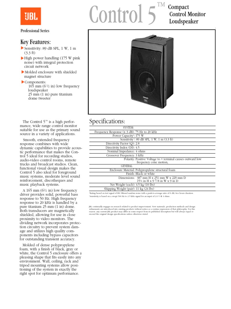 JBL Control 5 Spec Sheet PDF Loudspeaker Electrical Engineering