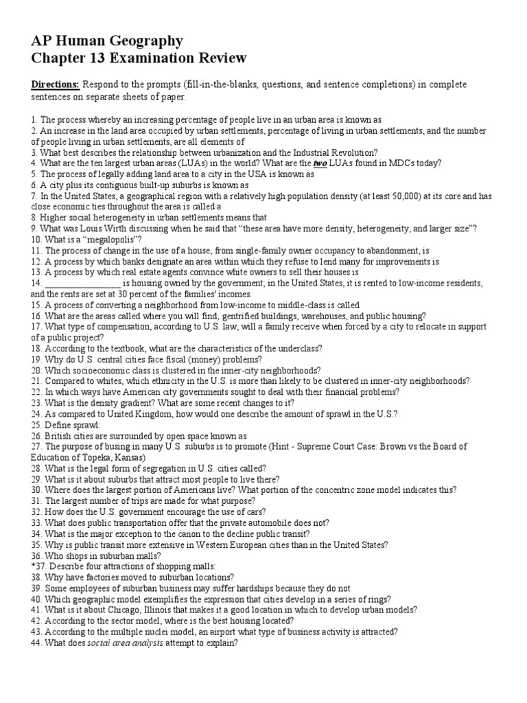Ap Human Geography Chapter 13 Exam Rev Suburb Urban Sprawl