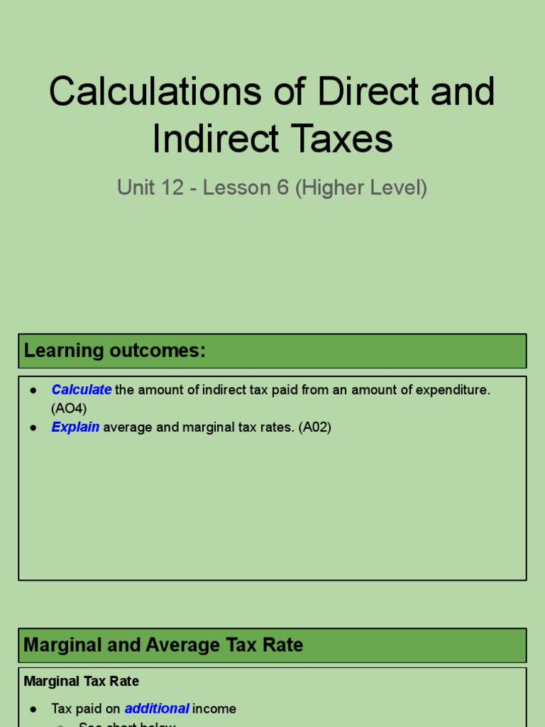Unit 12 Lesson 6 Calculations of Direct and Indirect Taxes PDF Taxes Tax Rate