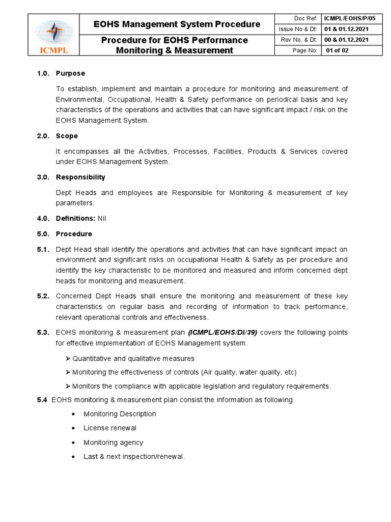EOHS Performance Monitoring Procedure | PDF | Occupational Safety And ...