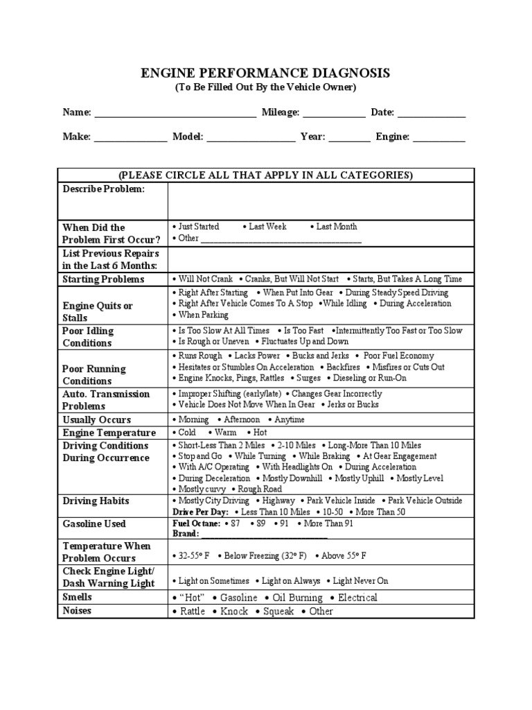 Engine Performance Diagnosis Worksheet | PDF | Vehicles | Fuel Economy ...