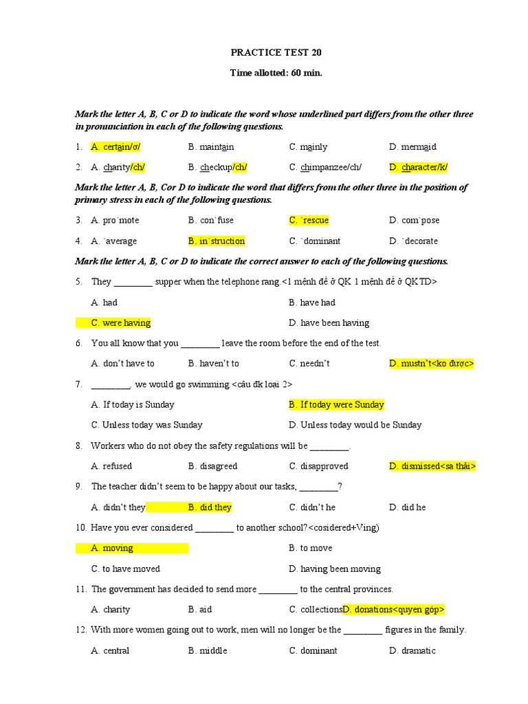 Practice Test 20 Instructions | PDF | Traffic | Pathogen