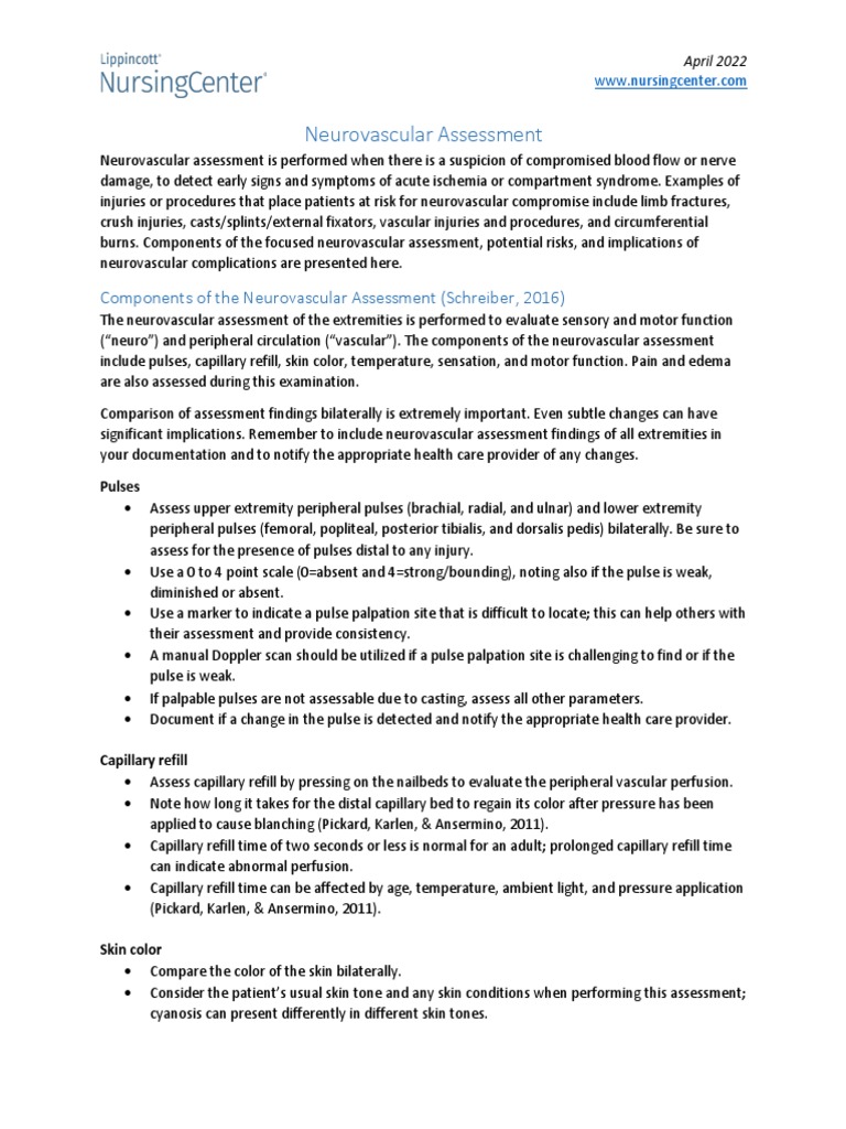 Neurovascular Assessment Detecting Early Signs of Compromise PDF Paresthesia Pain