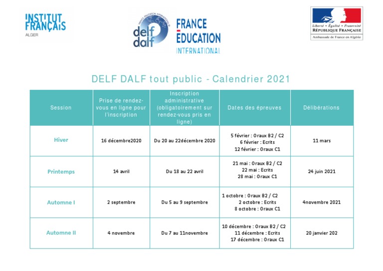Calendrier DELF-DALF 2021 à Alger | PDF