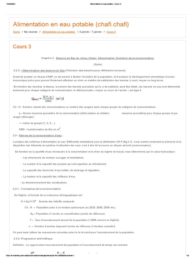 Alimentation en Eau Potable. - Cours 3 | PDF | Eau | Boire de l'eau