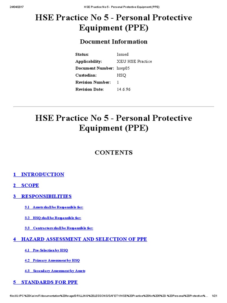 HSE PPE Guidelines and Standards | PDF | Personal Protective Equipment ...