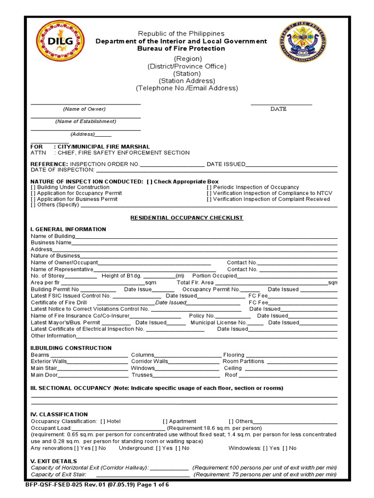Fire Safety Inspection Checklist Form | PDF | Door | Fire Safety