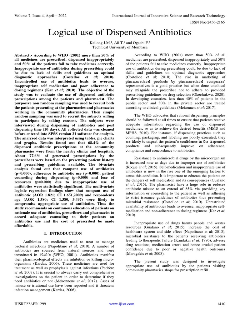 Logical Use of Dispensed Antibiotics PDF Medical Prescription