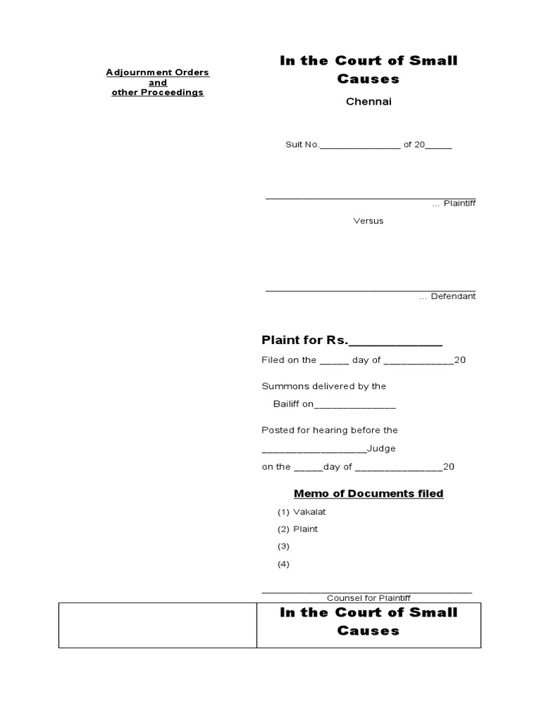 In The Court of Small Causes Adjournment Orders and Other Proceedings