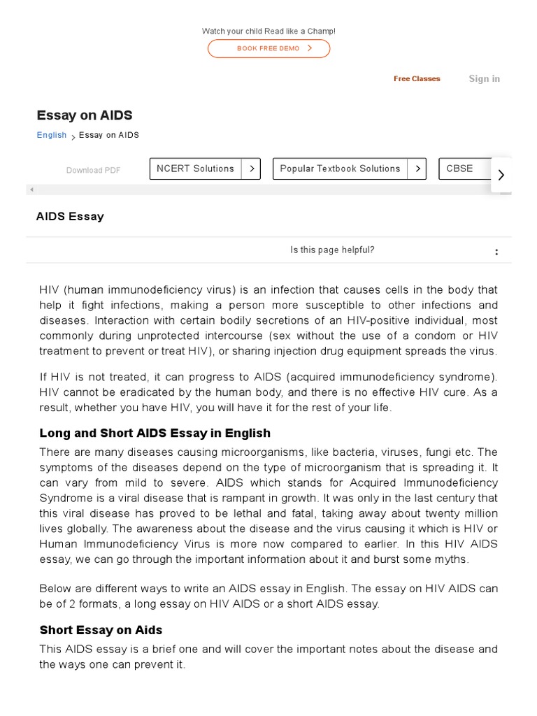 Essay On AIDS For Students in English | PDF | Hiv/Aids | Infection