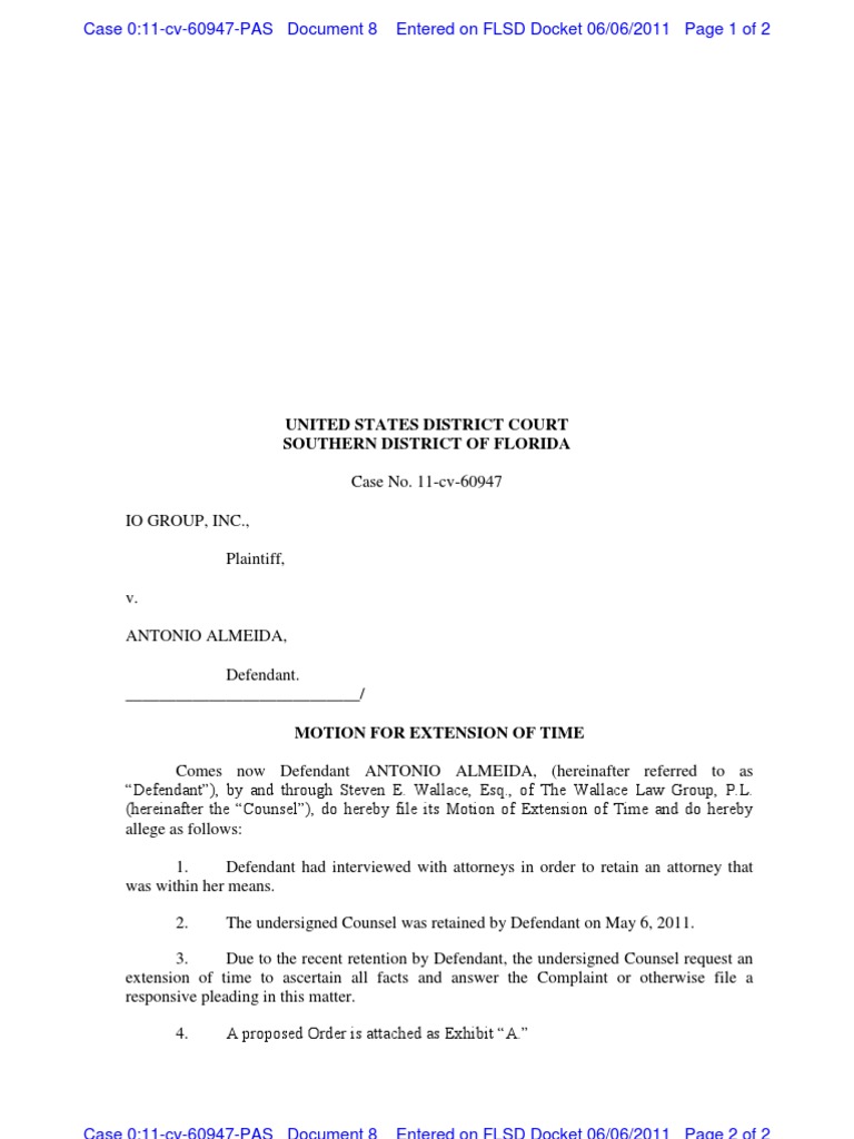 11-Cv-60947 Docket 8 Motion of Extention of Time | PDF | Pleading ...