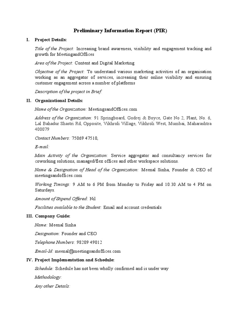Preliminary Project Information Report | PDF